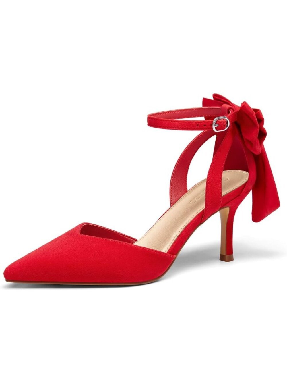 Women's Red Closed Pointed Toe Pumps Bow Ankle Strap Kitten Wedding Heels Shoes